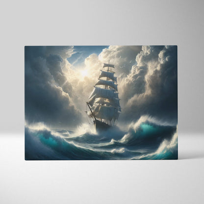 Dramatic canvas print of a tall ship with white sails battling teal waves under stormy skies for wall decor