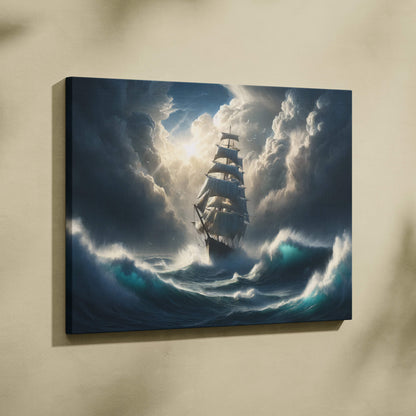 Dramatic canvas art of a tall sailing ship in stormy seas with sunlit clouds for cinematic wall decor