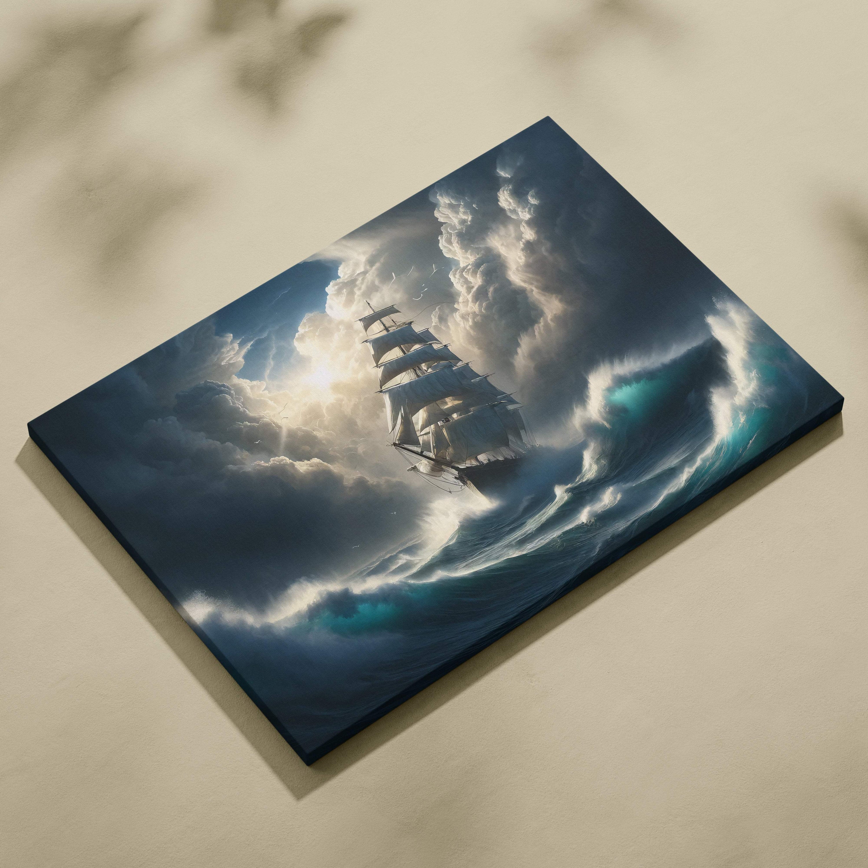Rectangular canvas print of a tall ship with white sails in teal ocean waves under stormy clouds for wall decor