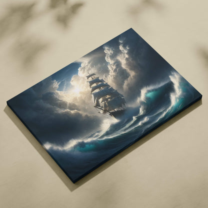 Rectangular canvas print of a tall ship with white sails in teal ocean waves under stormy clouds for wall decor