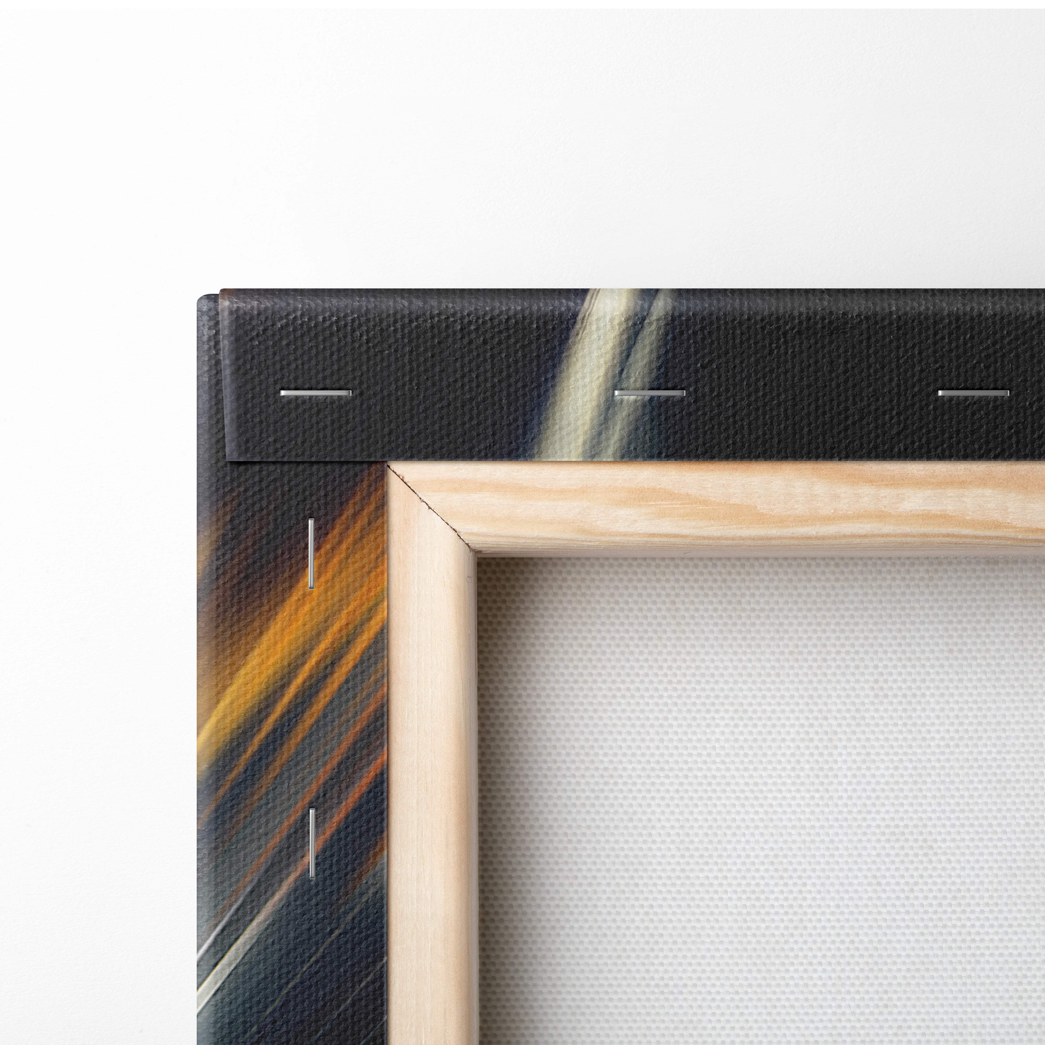 Light-colored wooden frame with black canvas border featuring abstract orange and yellow streaks for supercar motion decor