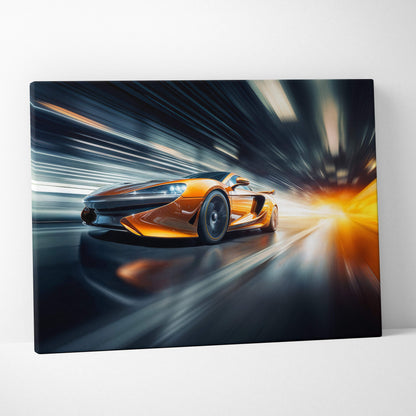 Vibrant orange mclaren sports car in dynamic motion blur on sleek canvas print showcasing high-speed racing art