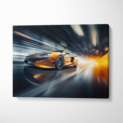 Vibrant orange mclaren sports car in dynamic motion on canvas print high-speed supercar wall decor