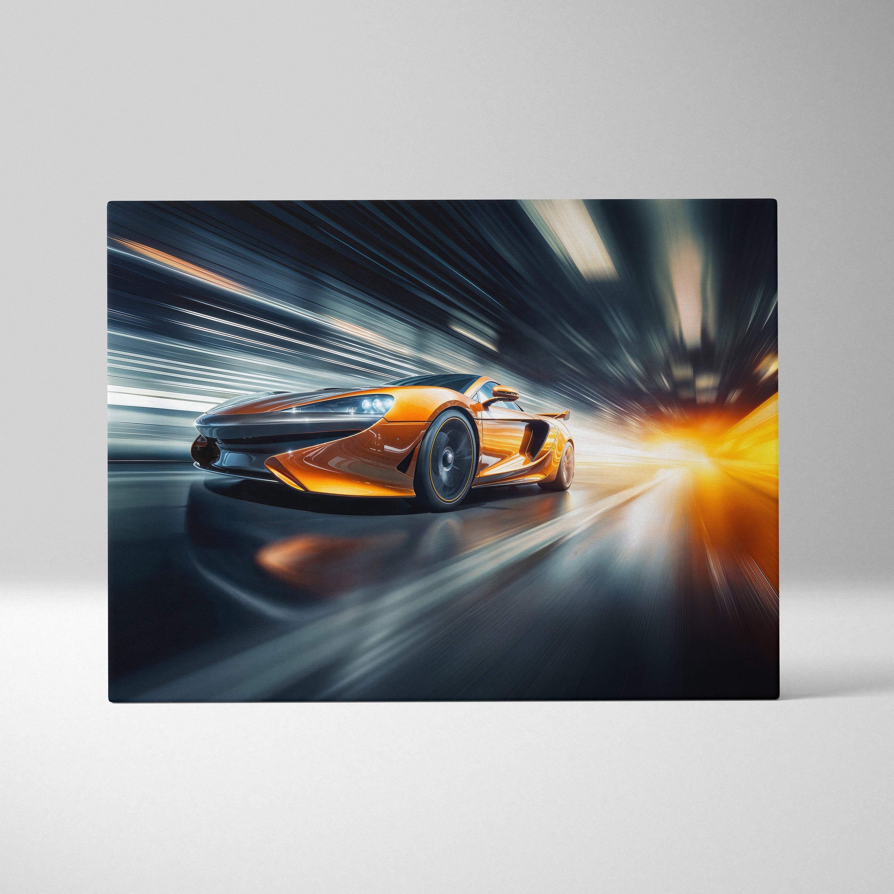 High-speed supercar motion canvas art featuring a vibrant orange mclaren sports car racing through a light tunnel