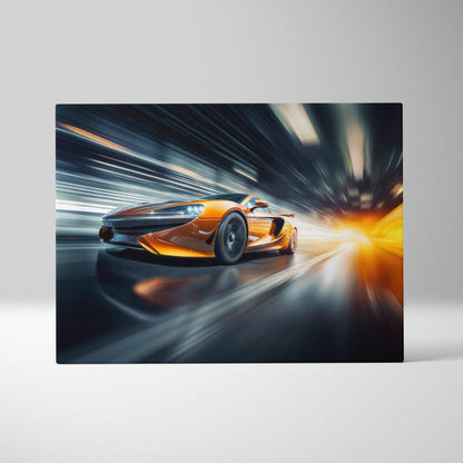 High-speed supercar motion canvas art featuring a vibrant orange mclaren sports car racing through a light tunnel