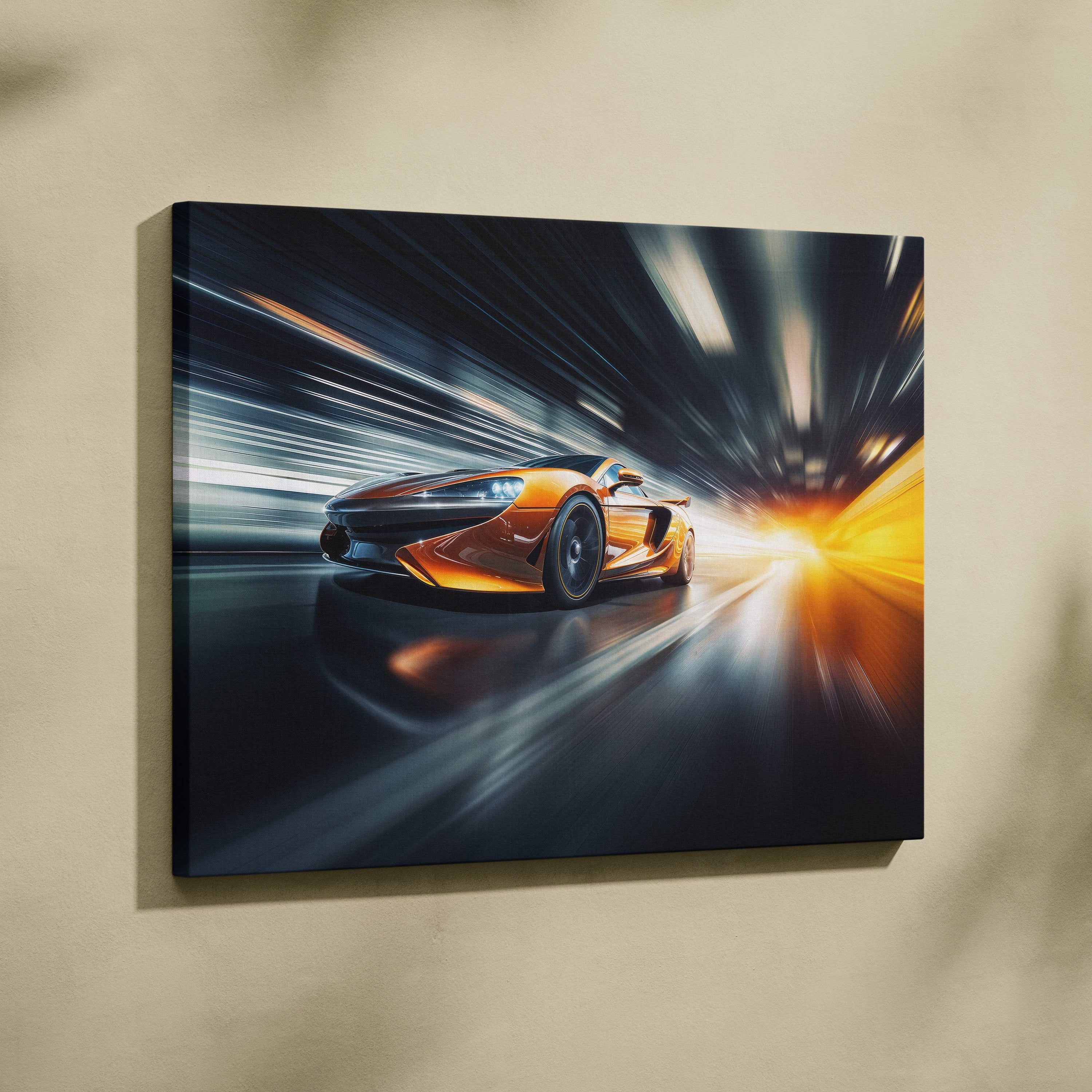 Orange mclaren sports car canvas print showing high-speed tunnel drive with motion blur for dynamic wall decor