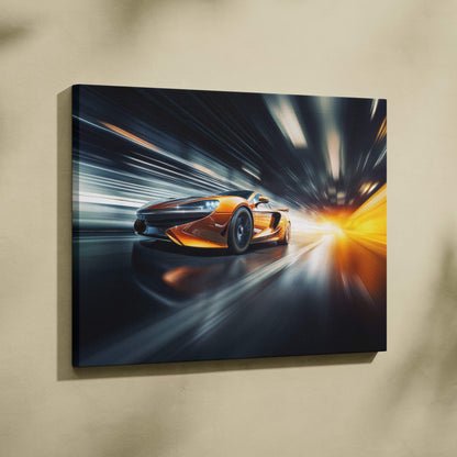 Orange mclaren sports car canvas print showing high-speed tunnel drive with motion blur for dynamic wall decor