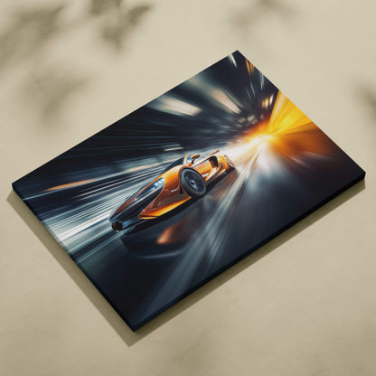 Vibrant orange sports car speeding through a light tunnel on a stretched canvas print wall decor for high speed fans