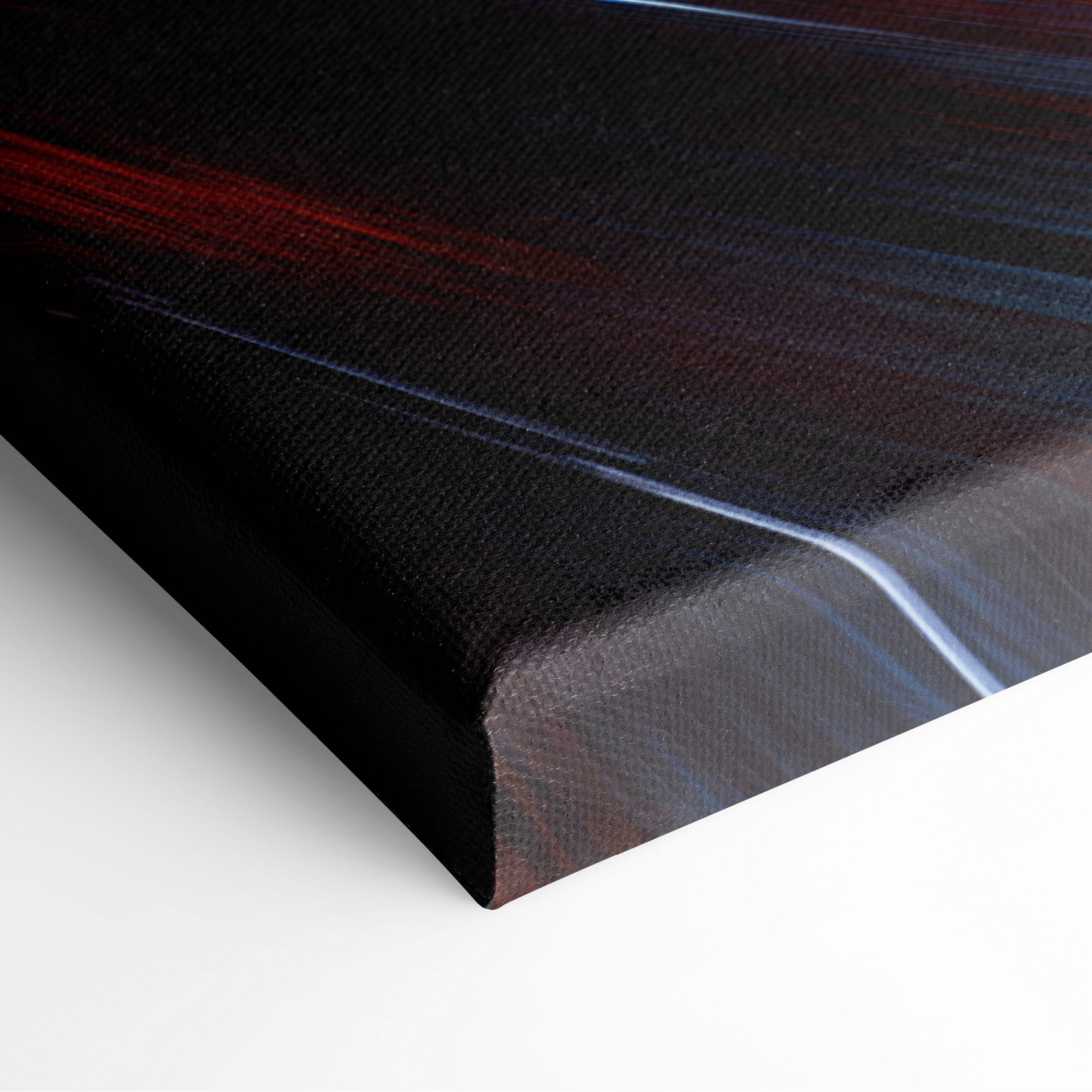 Black canvas print with textured surface featuring abstract red blue and white streaks for formula racing wall decor