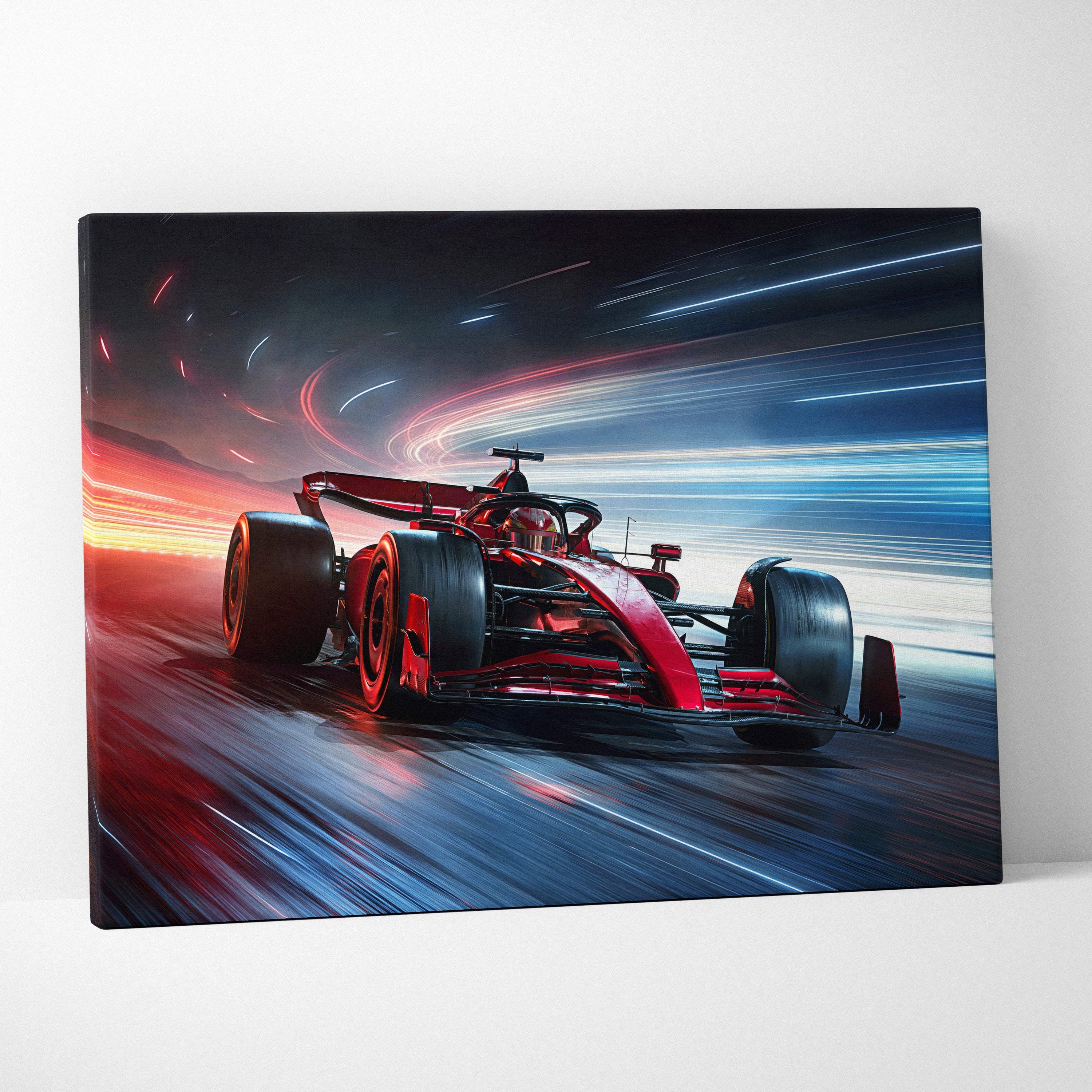 Vibrant red formula 1 race car with neon light trails speeding on night track canvas art for high-octane motorsport decor