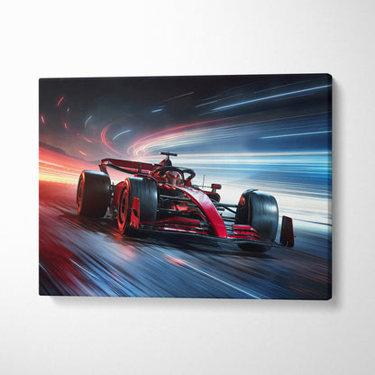Red open-wheel formula 1 race car with neon light trails speeding on vibrant night canvas wall decor