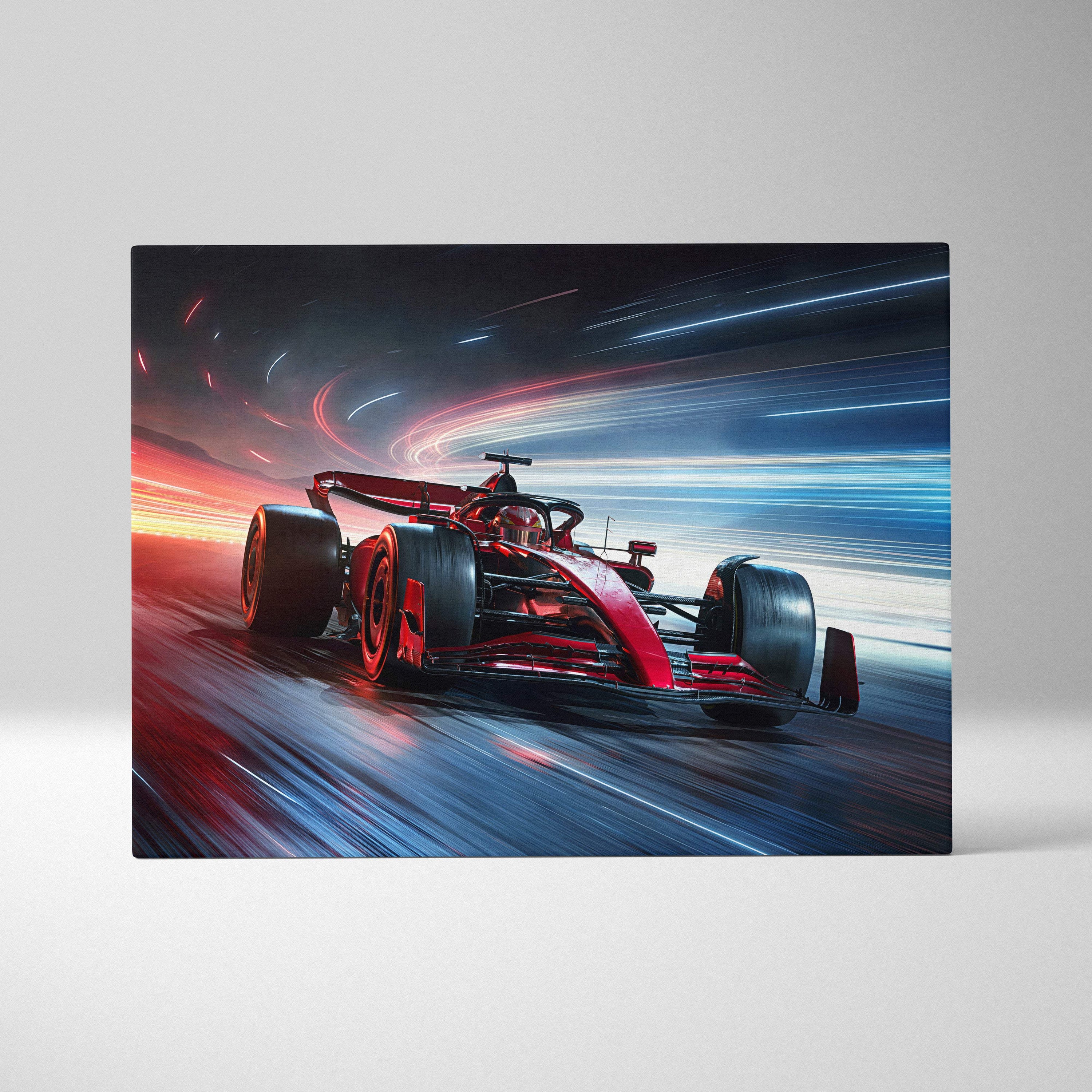 Formula racing speed burst canvas art featuring a red open-wheel race car speeding through neon-lit night track