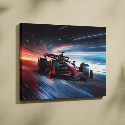 Red open-wheel formula 1 race car speeding on track with neon light trails on canvas art for motorsport wall decor