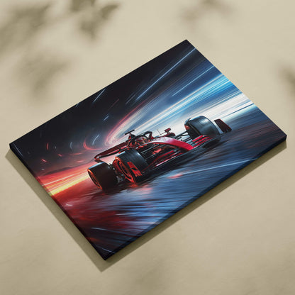 Formula racing speed burst canvas art featuring a red open-wheel race car with neon light trails and motion blur