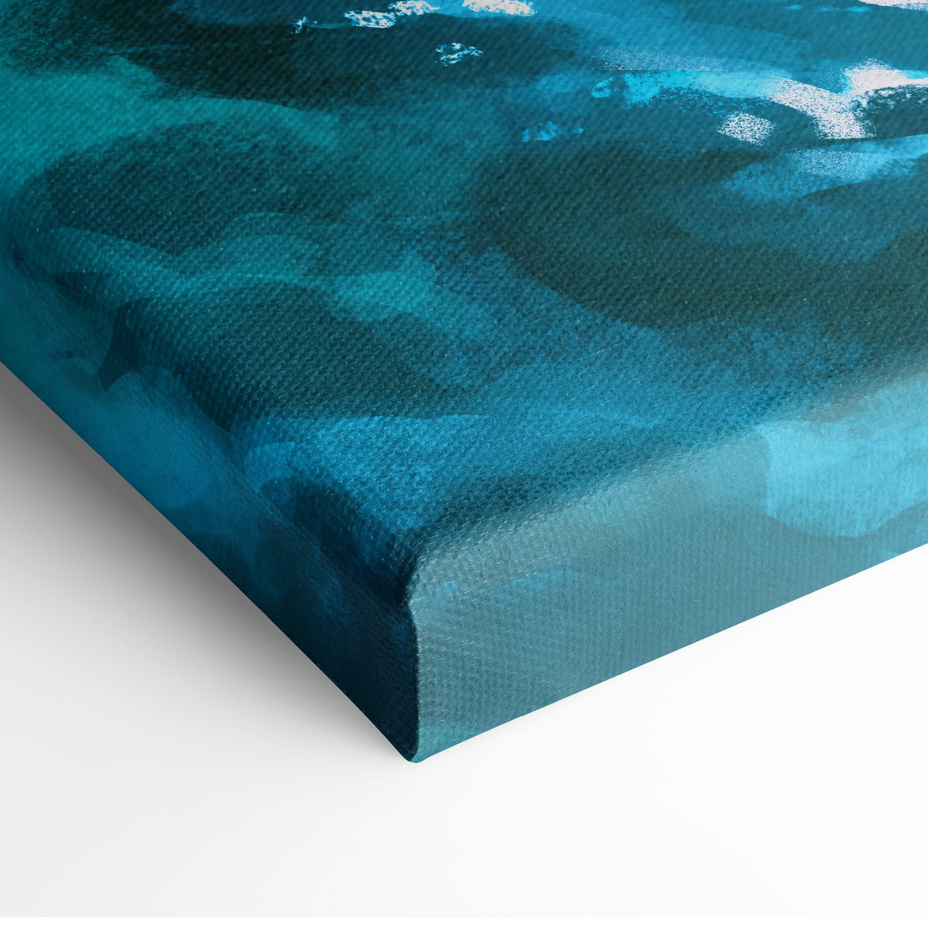 Teal abstract watercolor canvas wall art with textured brushstrokes and woven fabric edge for coastal decor