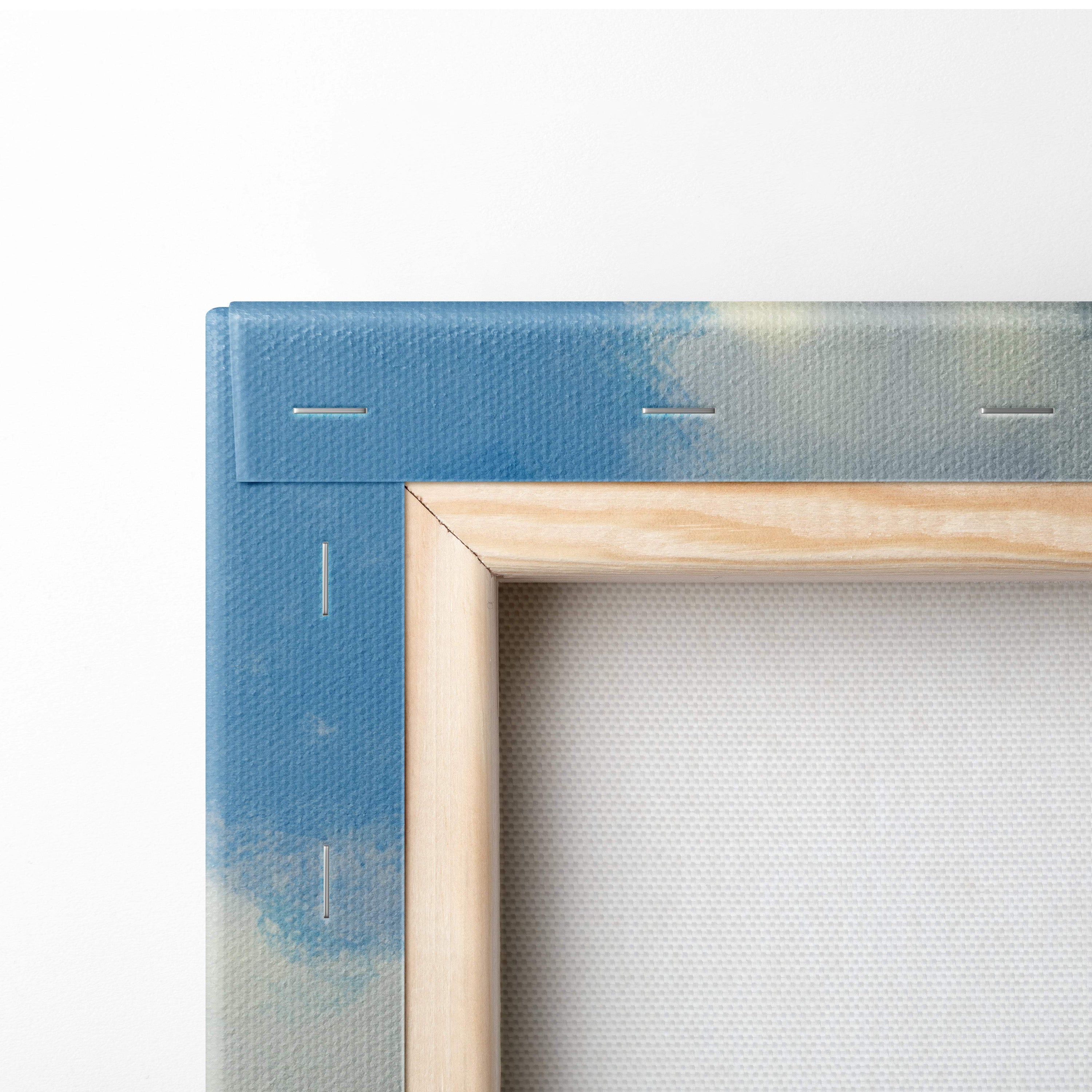 Blue water spirit canvas wall art with light wood frame and blue stitched canvas border for coastal decor
