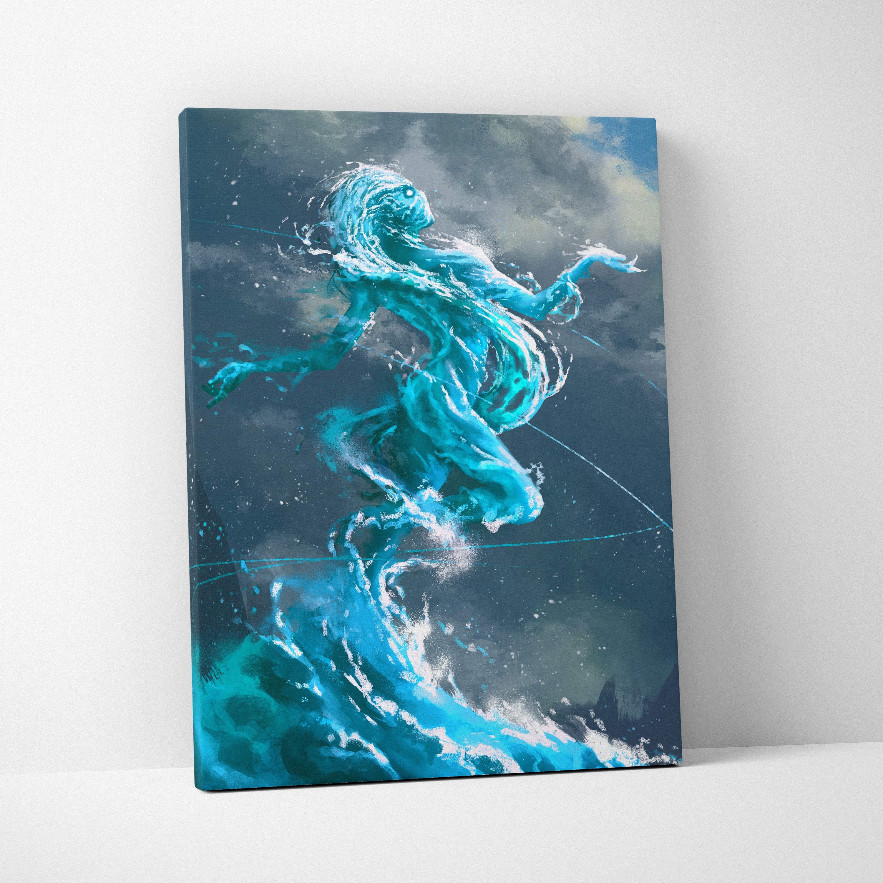 Blue water spirit canvas wall art featuring a vibrant turquoise ethereal figure against stormy skies for coastal decor