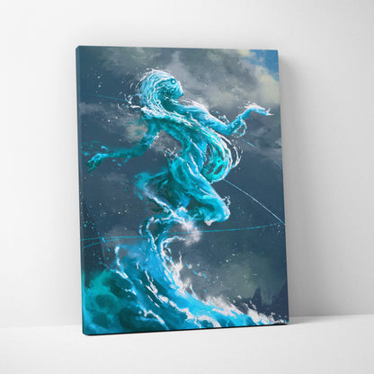 Blue water spirit canvas wall art featuring a vibrant turquoise ethereal figure against stormy skies for coastal decor