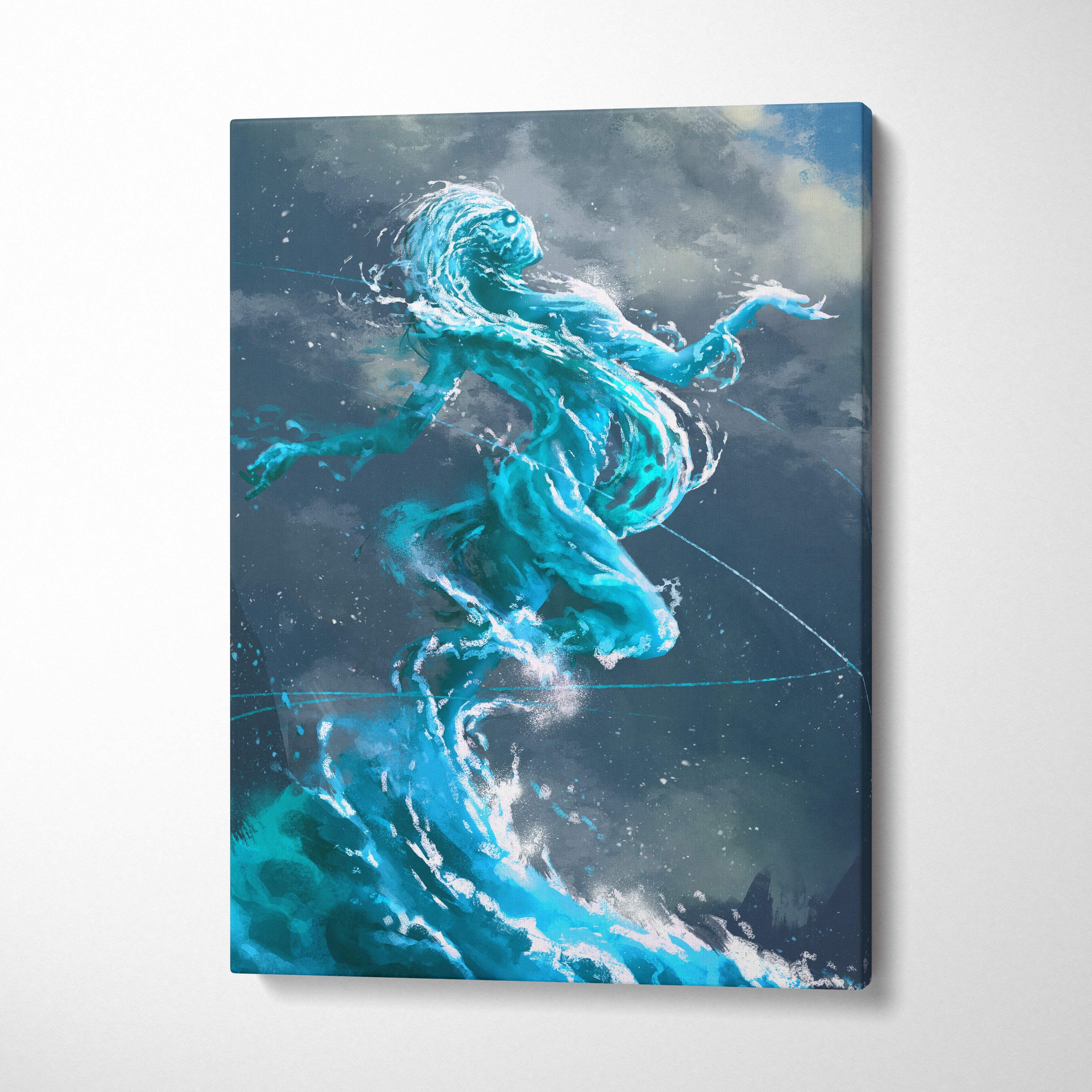 Blue water spirit canvas wall art featuring a vibrant turquoise water goddess emerging from turbulent waves for coastal decor