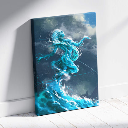 A vibrant blue canvas print of a dynamic water spirit leaping through turbulent waves for coastal decor