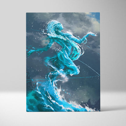 Blue water spirit canvas wall art showing a vibrant turquoise ethereal figure emerging from waves for coastal decor