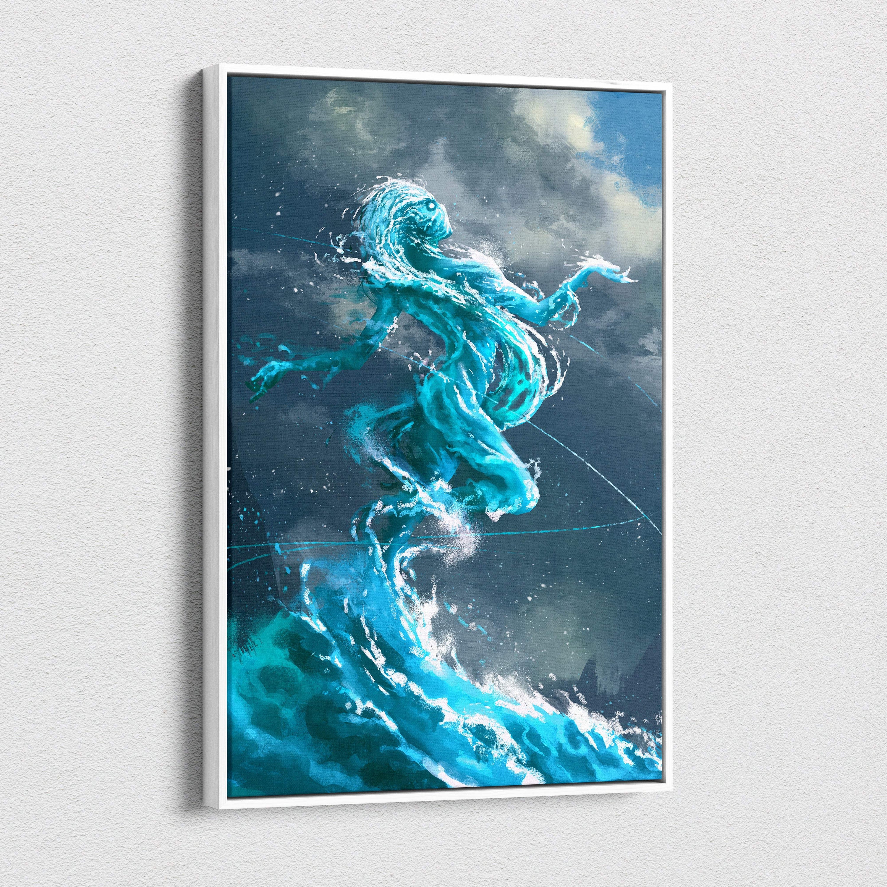 A framed turquoise-blue water spirit canvas painting with stormy waves for bathroom bedroom coastal decor