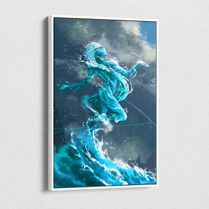 A framed turquoise-blue water spirit canvas painting with stormy waves for bathroom bedroom coastal decor