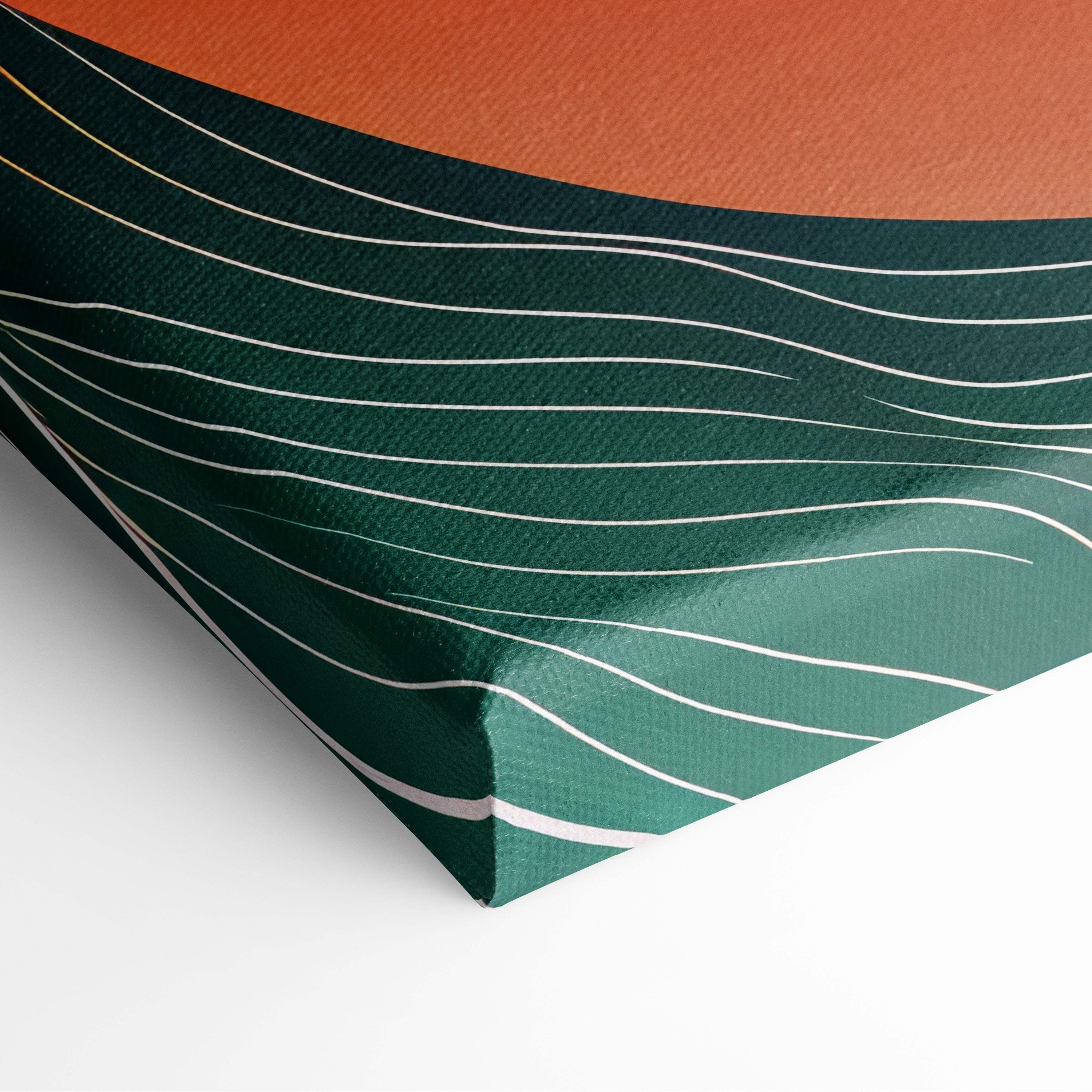 Abstract mountain sunset canvas wall art with flowing white lines on textured dark green and terracotta background