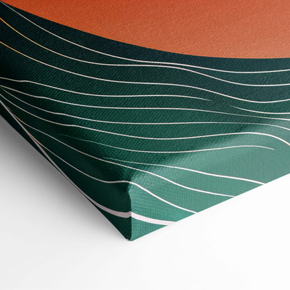 Abstract mountain sunset canvas wall art with flowing white lines on textured dark green and terracotta background
