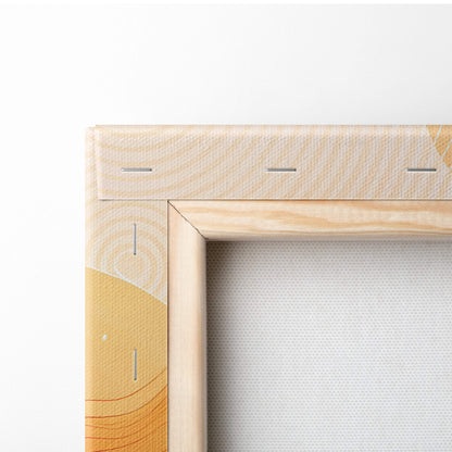Light-colored wooden canvas frame with visible wood grain and stitched edges for abstract mountain sunset wall art