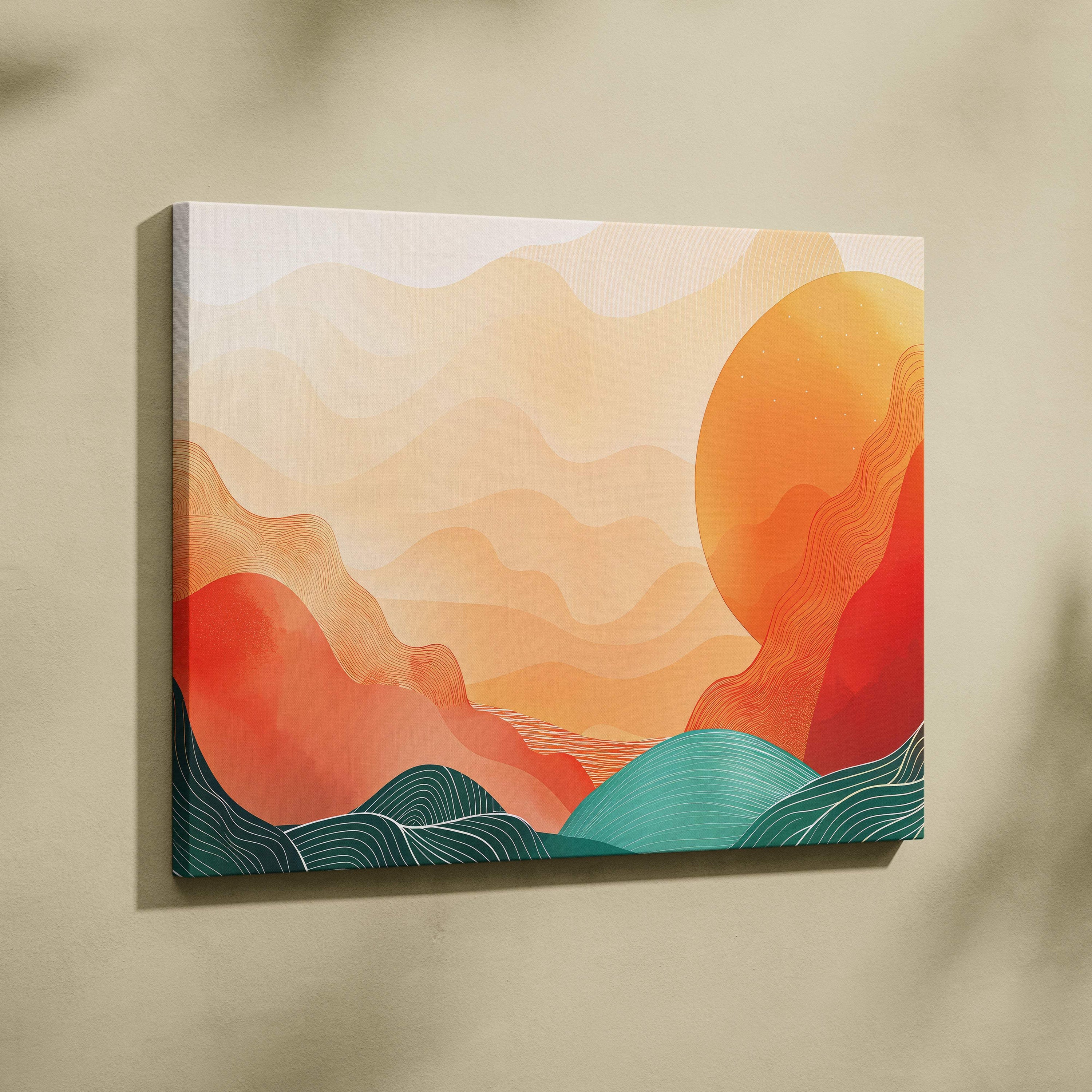 A modern abstract mountain sunset canvas wall art with flowing orange red and teal shapes in vector painting style