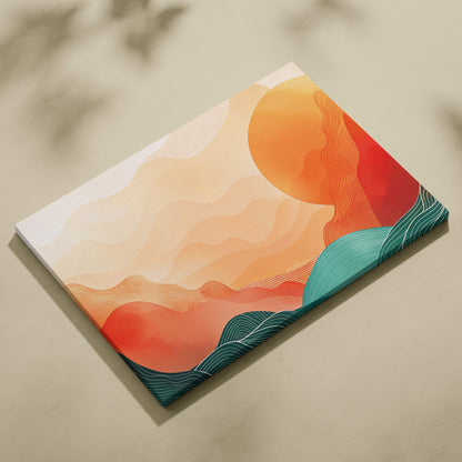 Abstract mountain sunset canvas wall art with warm orange red and cool teal hues accented by fine white lines for living room decor