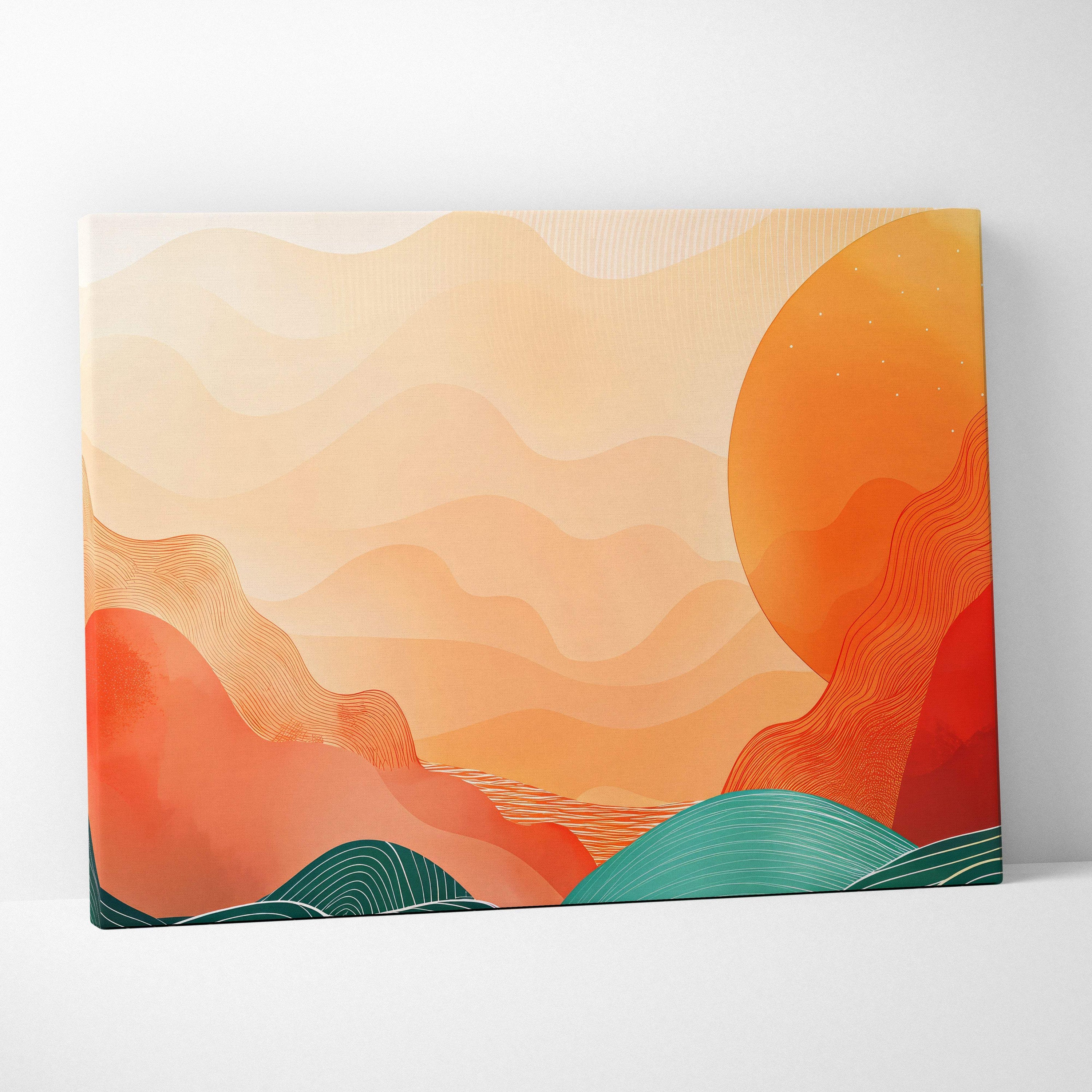 Abstract mountain sunset canvas wall art with layered orange red wavy landscapes and teal foreground in vector painting style