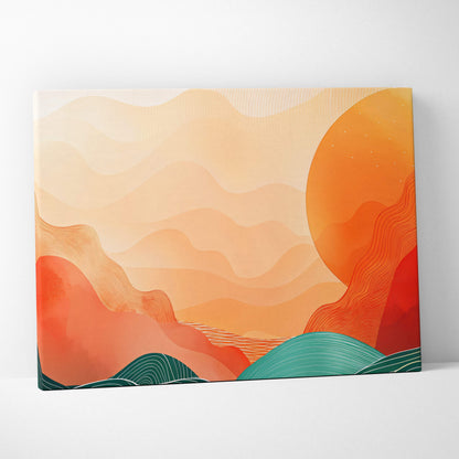 Abstract mountain sunset canvas wall art with layered orange red wavy landscapes and teal foreground in vector painting style