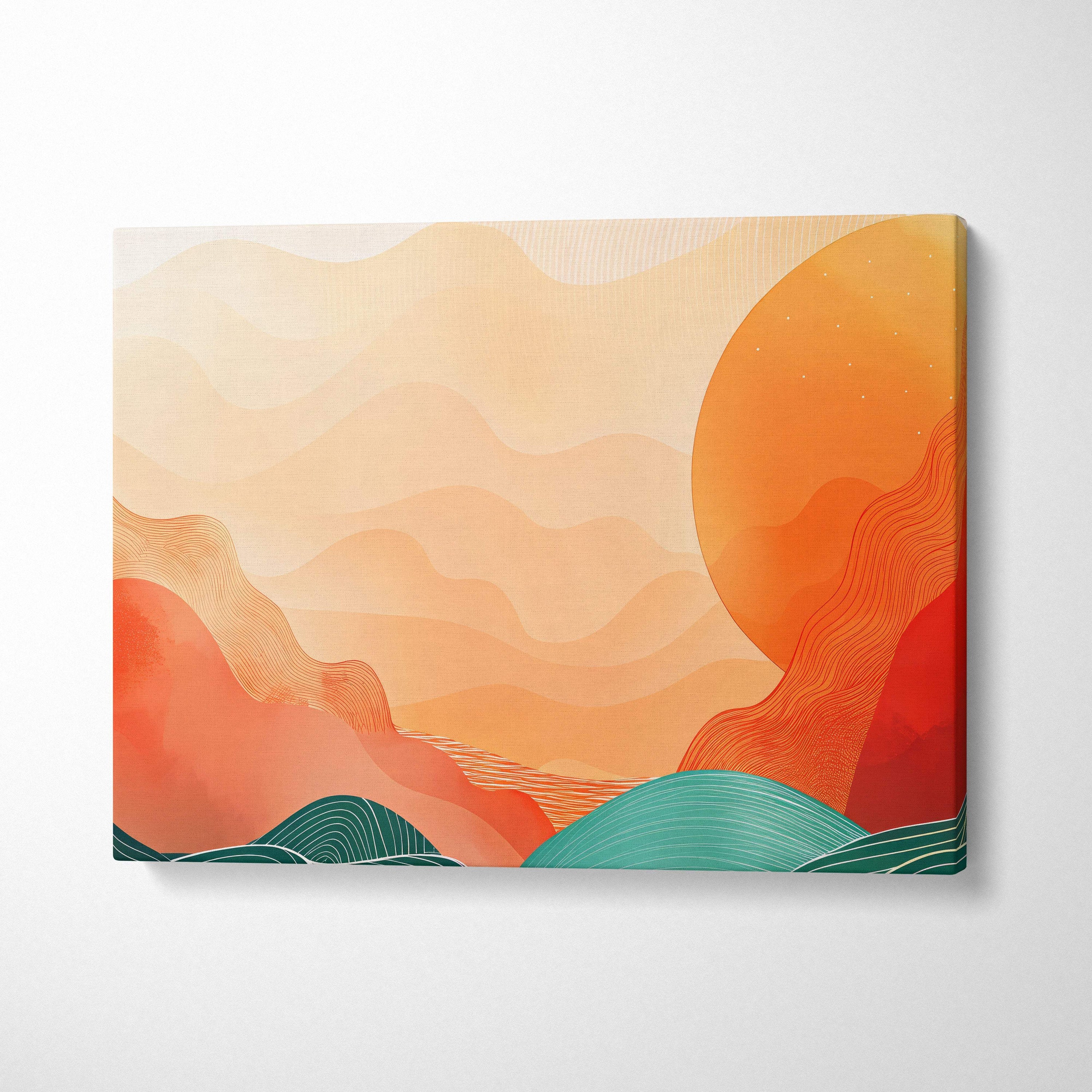 A modern abstract mountain sunset canvas wall art with layered orange red and teal wavy landscapes for living room decor