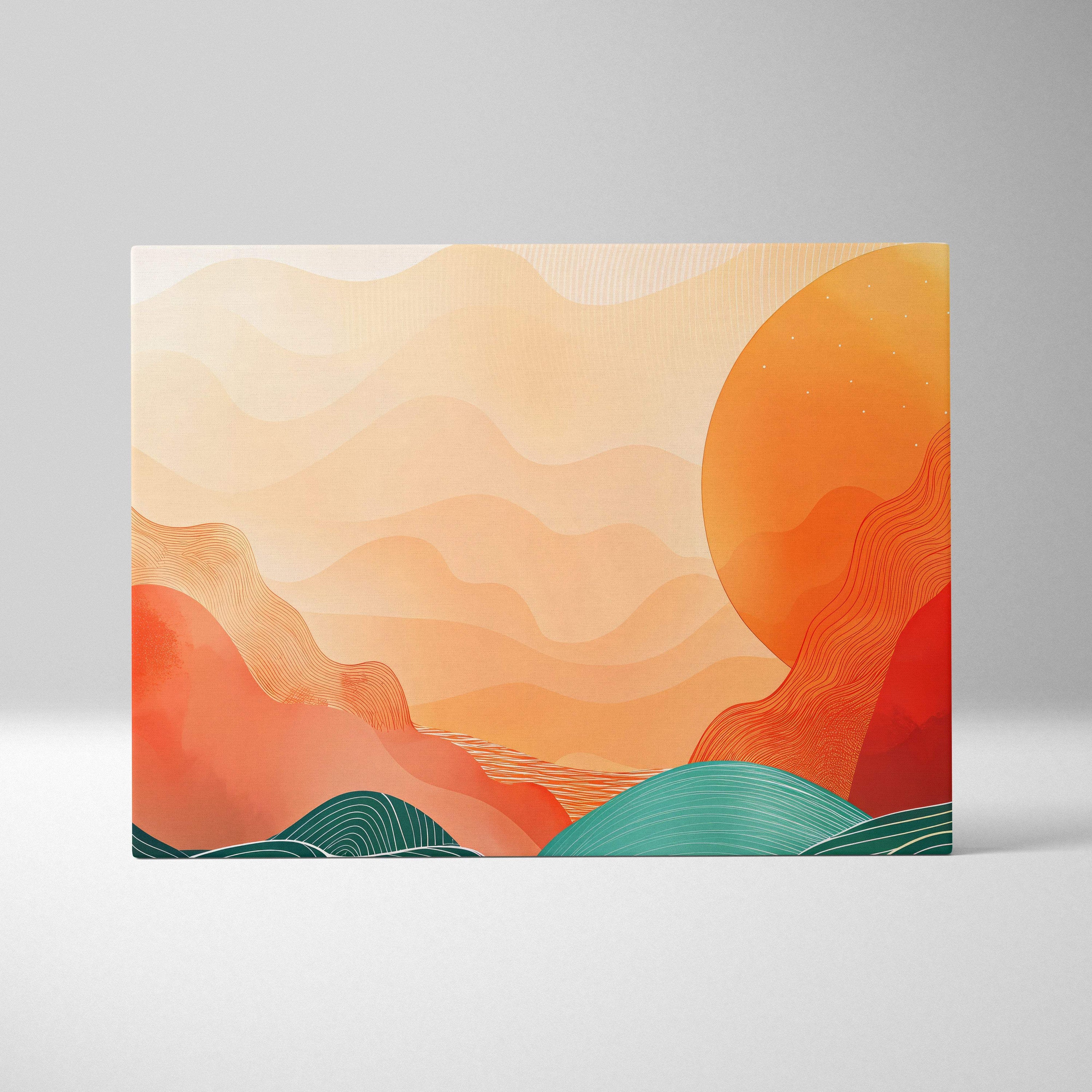 Abstract mountain sunset canvas wall art with warm orange and teal wavy patterns and a stylized sun for room decor