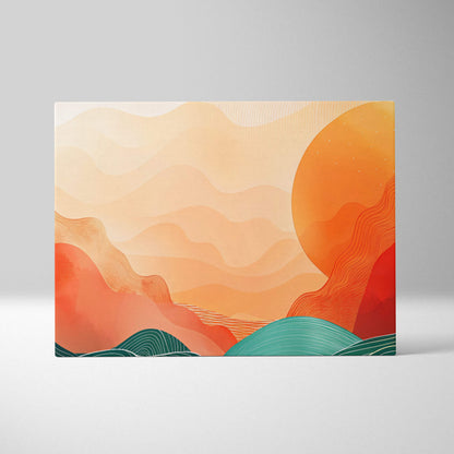 Abstract mountain sunset canvas wall art with warm orange and teal wavy patterns and a stylized sun for room decor
