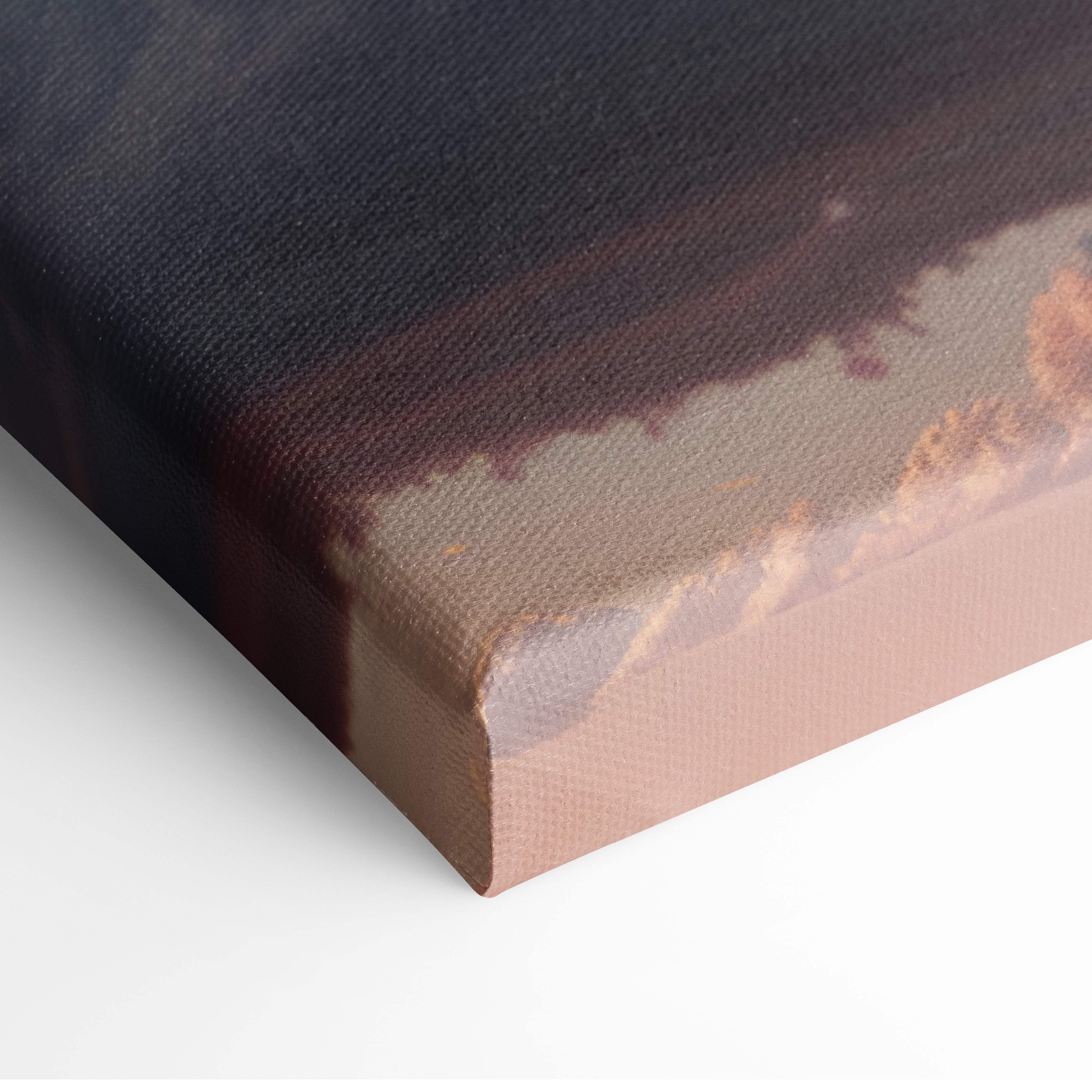 Canvas print of towering pink cumulonimbus clouds at sunset with earthy dark to light gradient and subtle brushstroke details