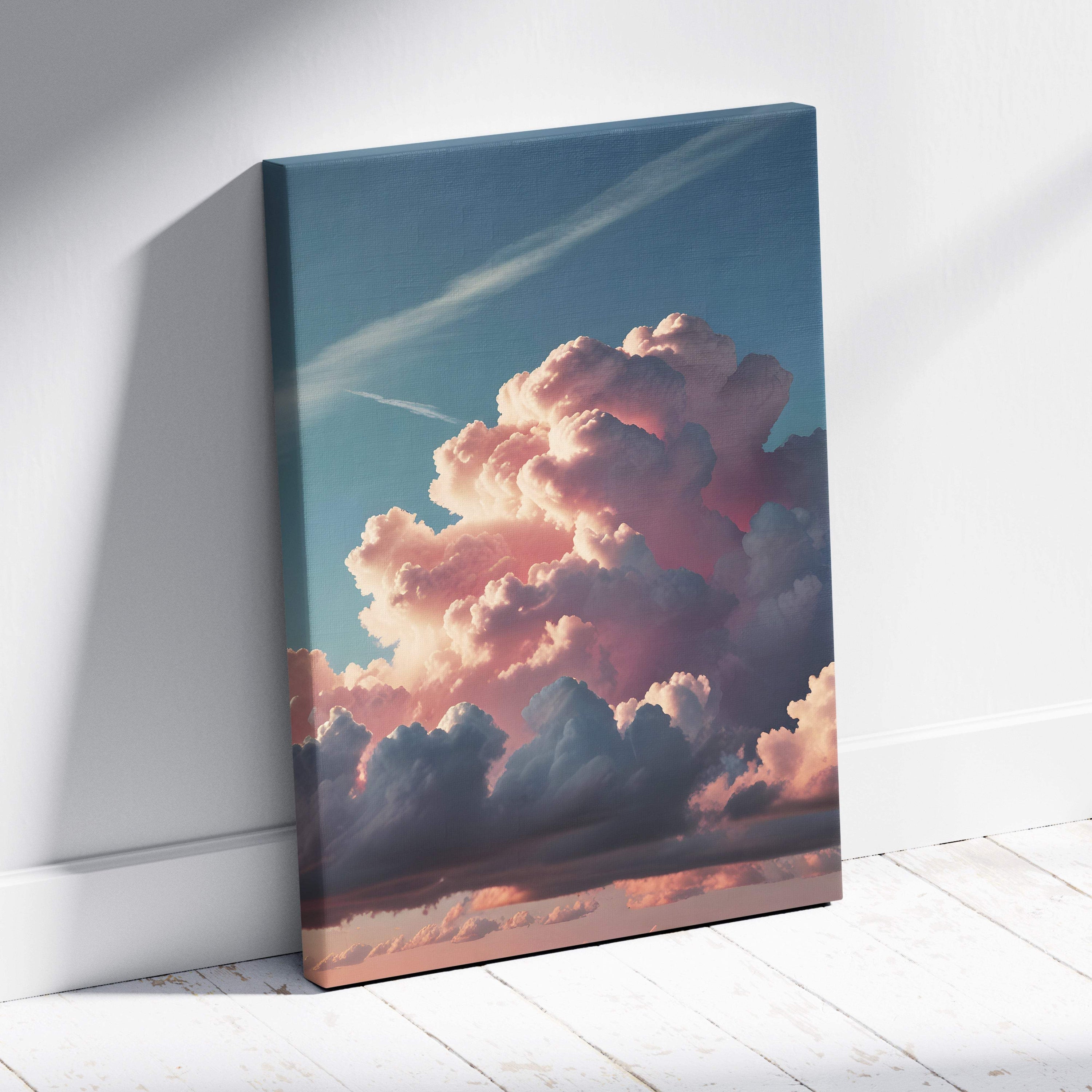 A vibrant canvas print of towering pink cumulonimbus clouds at sunset with soft pastel sky and dramatic cloudscape