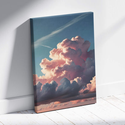 A vibrant canvas print of towering pink cumulonimbus clouds at sunset with soft pastel sky and dramatic cloudscape
