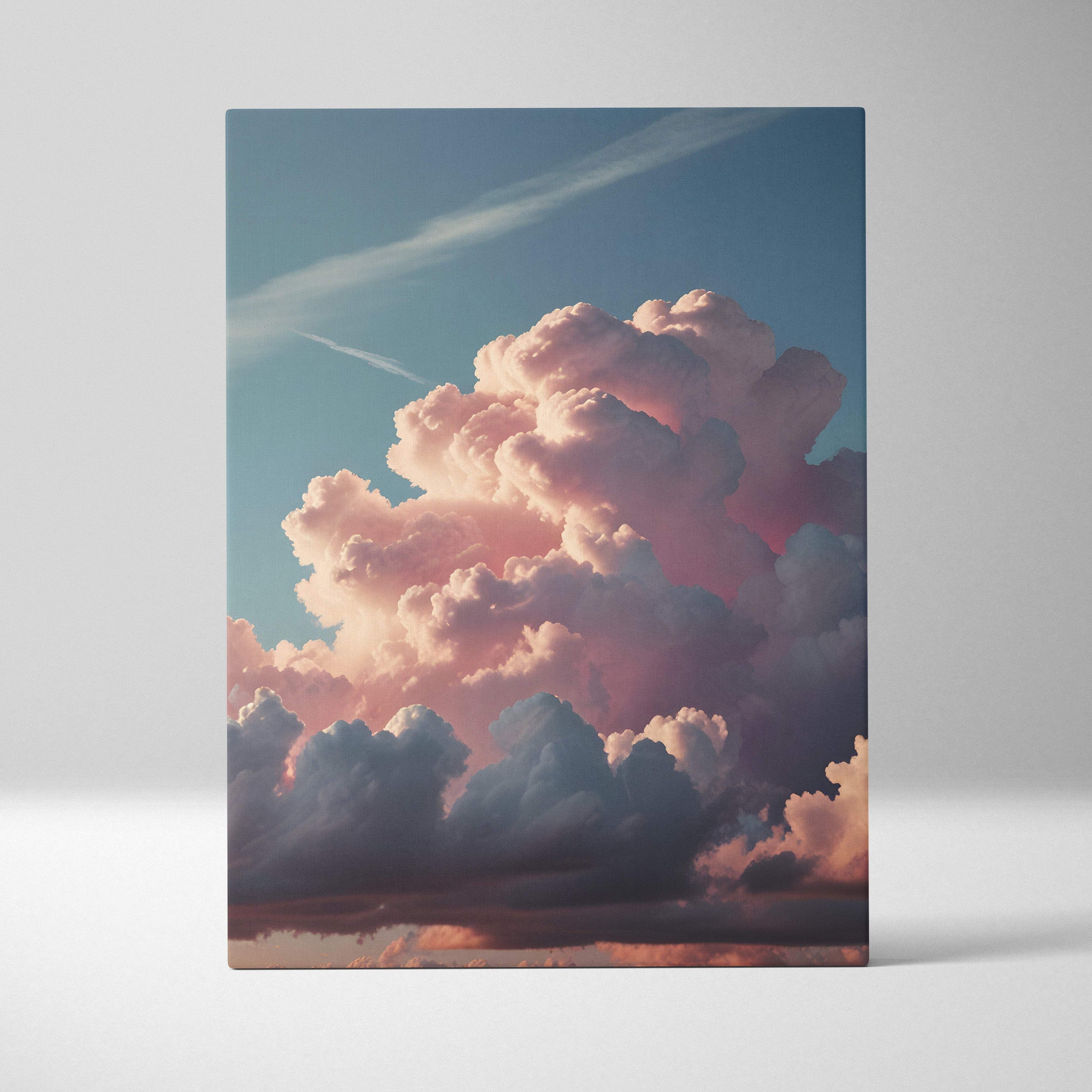 A rectangular canvas print of towering pink cumulonimbus clouds at sunset with soft pastel sky highlights