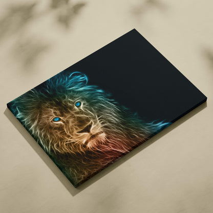 Neon lion canvas wall art print featuring a vibrant lion with glowing blue eyes and fiery mane for modern interiors