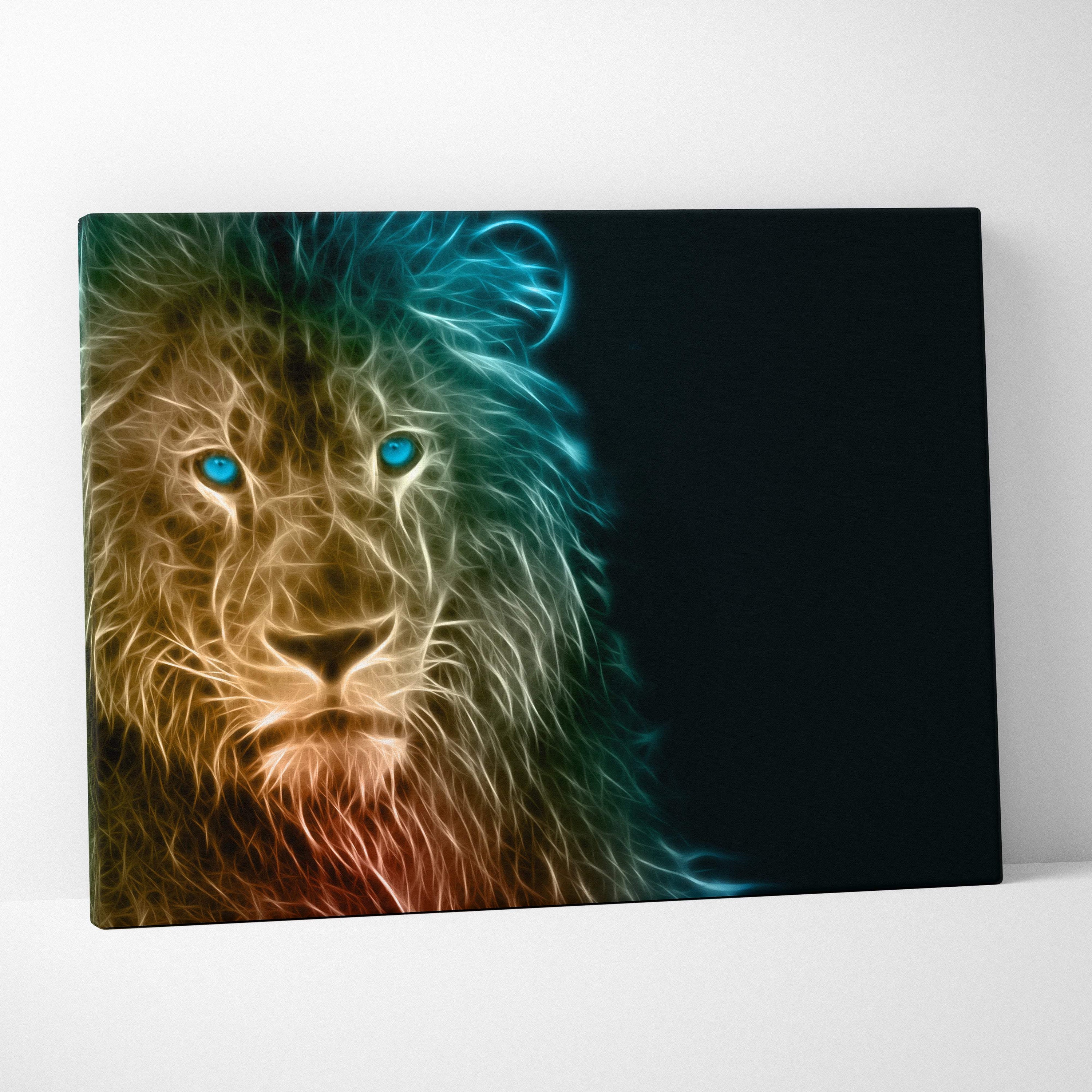 Neon lion canvas wall art print with glowing blue eyes and fiery gold orange teal fur for modern masculine interiors