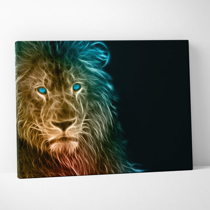 Neon lion canvas wall art print with glowing blue eyes and fiery gold orange teal fur for modern masculine interiors