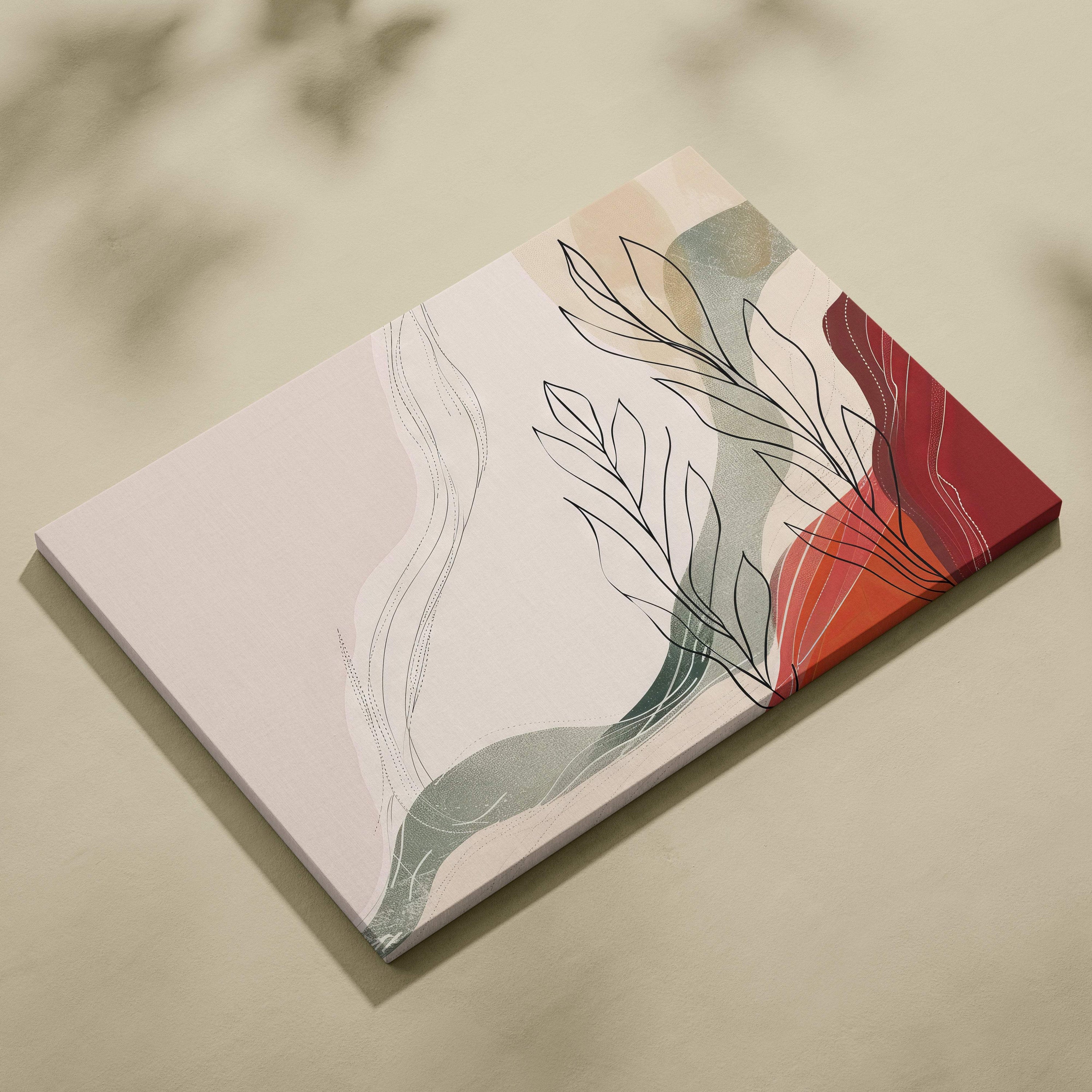 Boho abstract botanical canvas wall art with minimalist black leaf line drawings on beige sage green and terracotta background