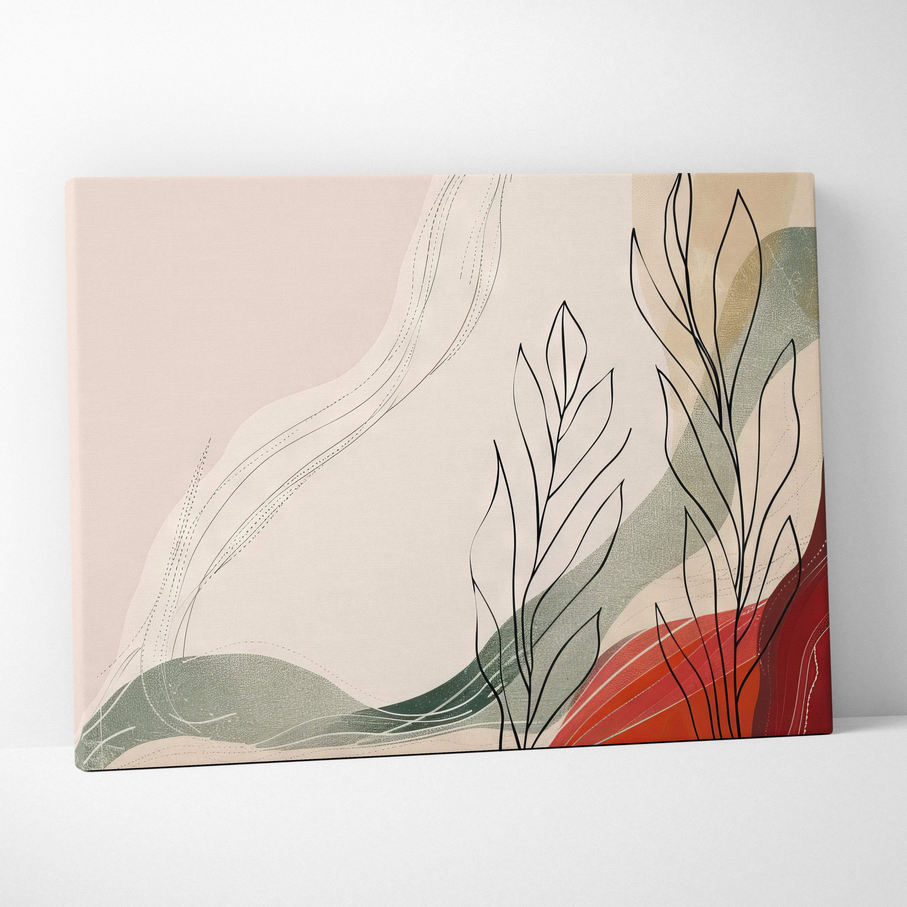 Modern abstract botanical canvas wall art with minimalist black line plants on blush pink sage green and terracotta background