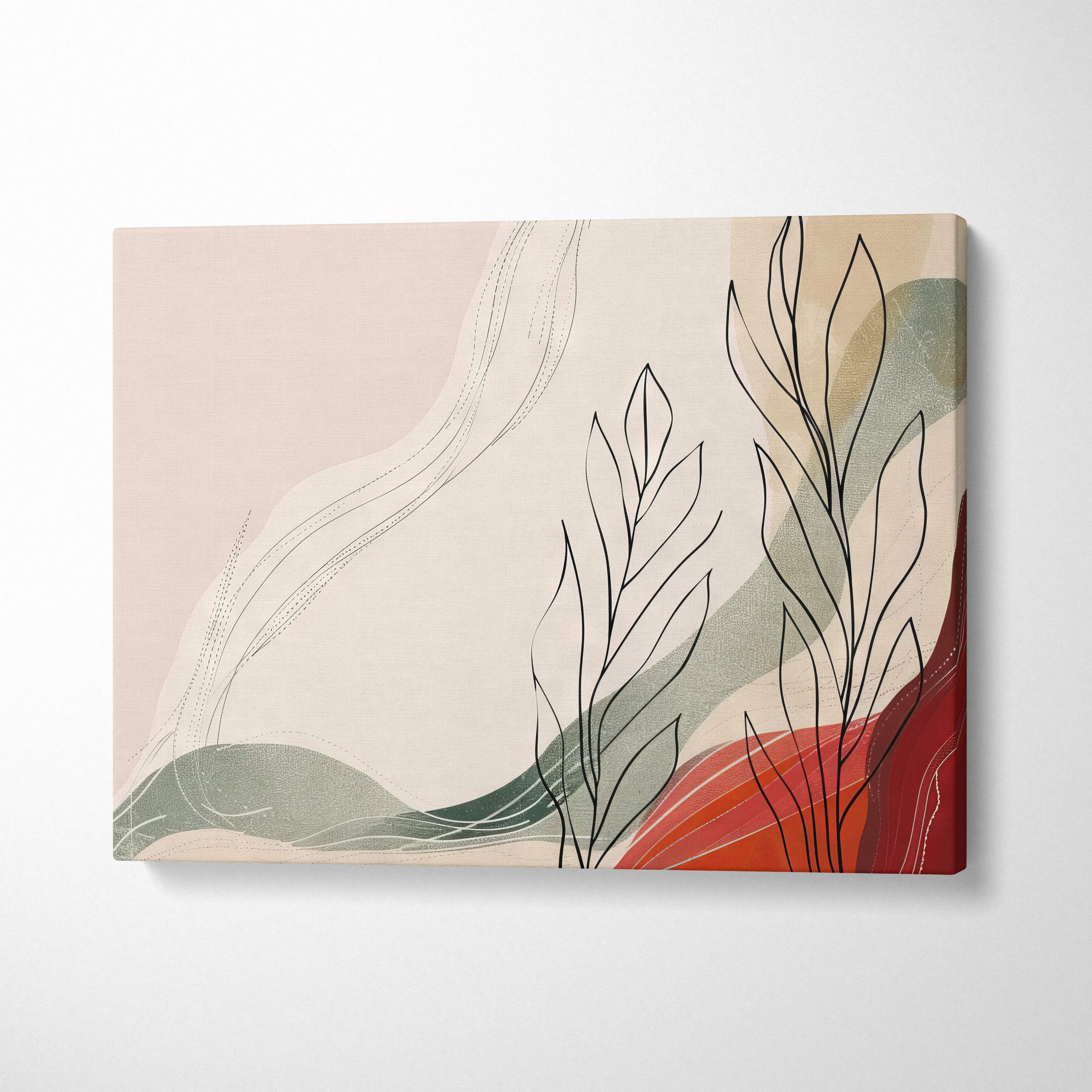 Boho abstract botanical canvas wall art featuring minimalist black line plants on a blush pink sage green and terracotta background