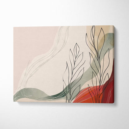 Boho abstract botanical canvas wall art featuring minimalist black line plants on a blush pink sage green and terracotta background