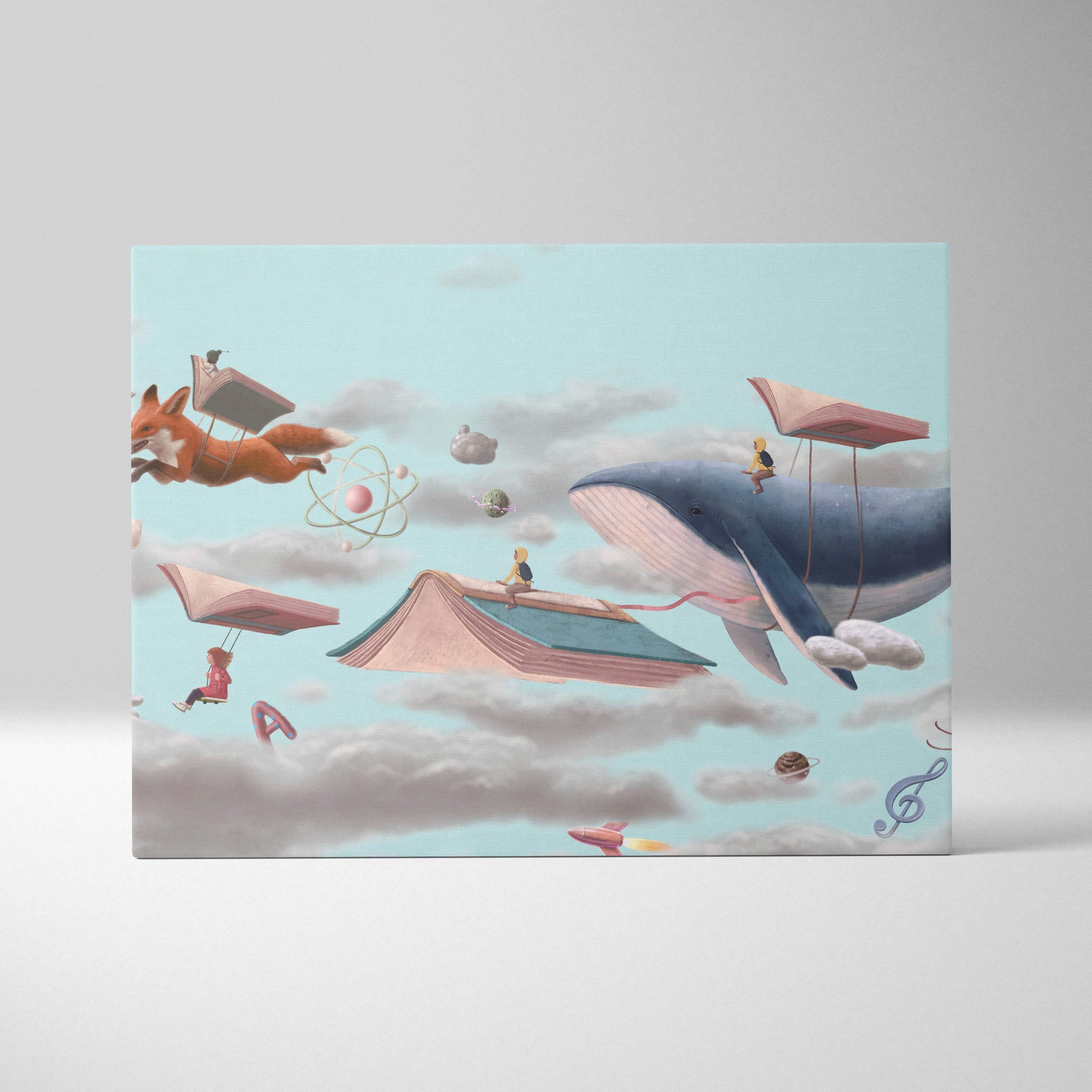 Contemporary flying books canvas wall art with a blue whale and fox floating among clouds and books in soft pastel tones