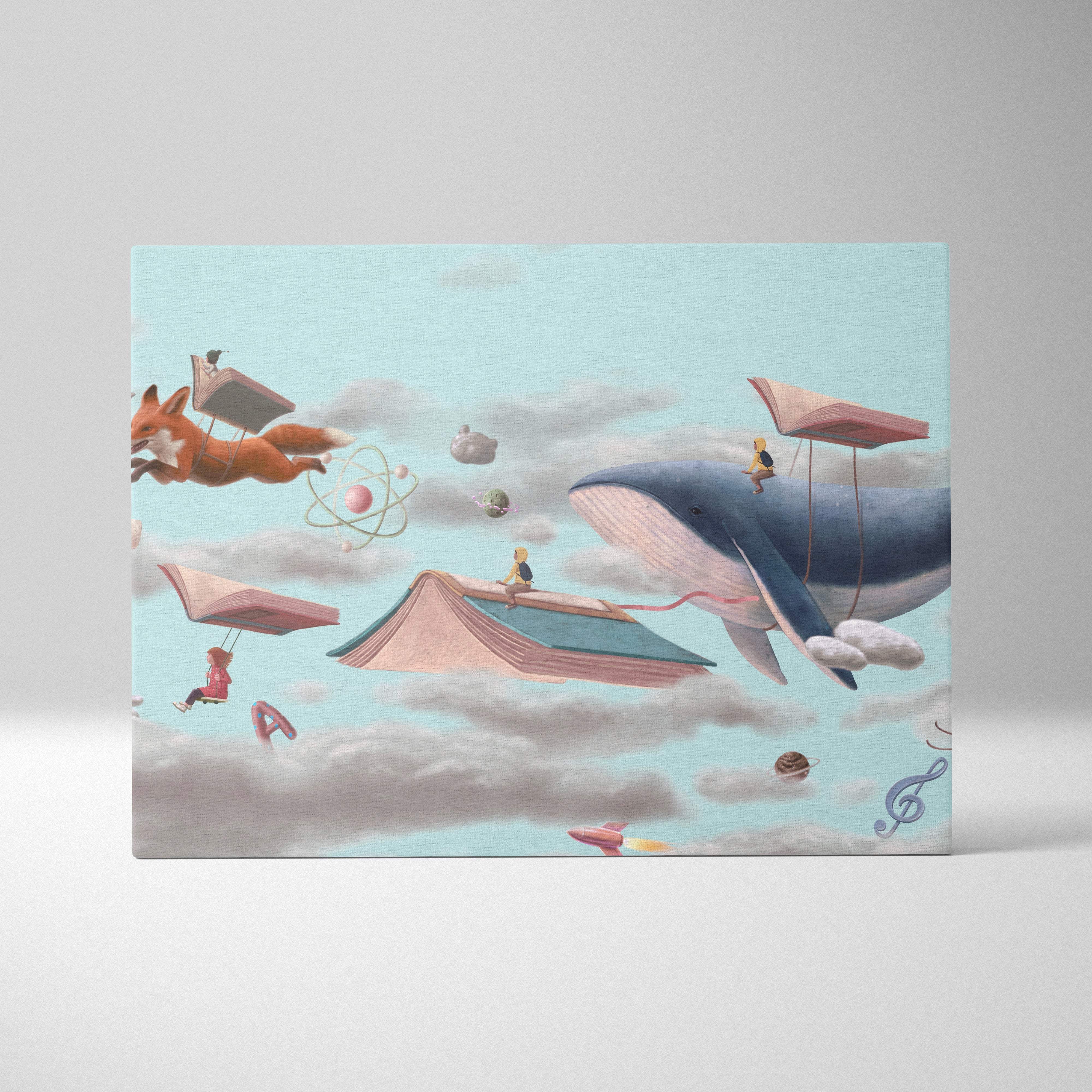 Contemporary flying books canvas wall art with a blue whale and fox floating among clouds and books in soft pastel tones